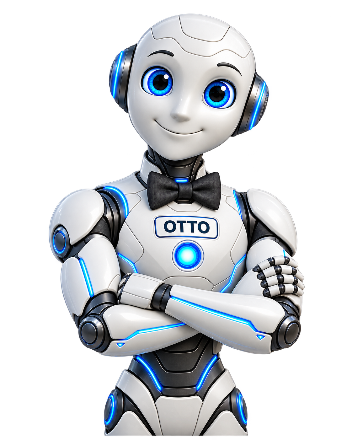 Otto, the friendly BransonBots robot with glowing blue eyes, a black bow tie and his OTTO nameplate